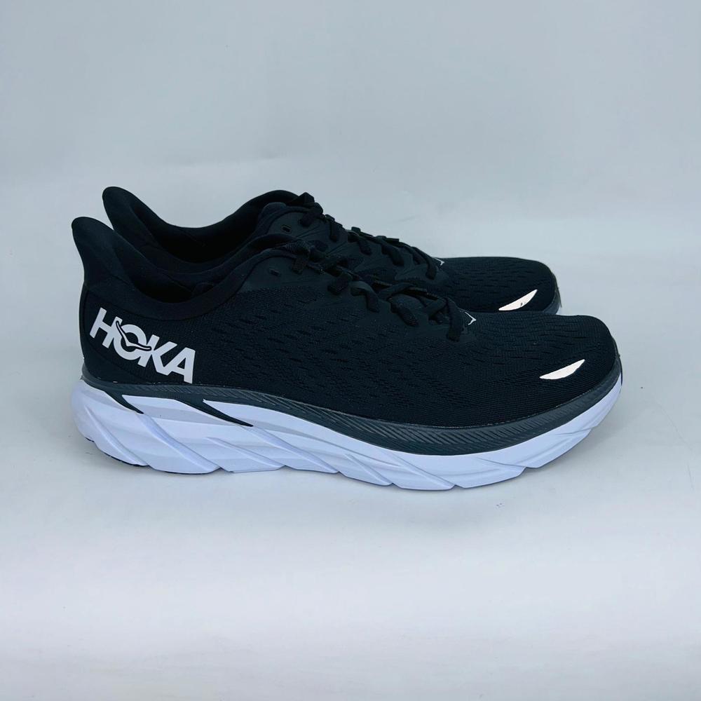 HOKA MENS CLIFTON 8 BLACK/WHITE RUNNING SHOES SIZE 11.5D